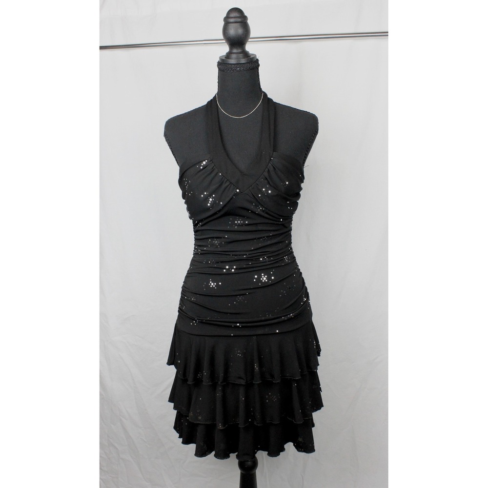 Vintage Y2K Hoco Black Sequin Halter Mini Dress Tiered Ruffle Skirt Ruched Body
